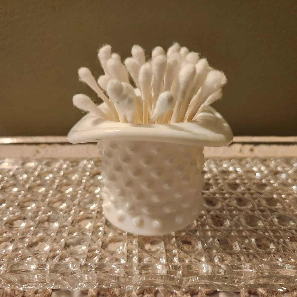 Vintage Fenton Hobnail Milkglass Top Hat Toothpick / QTip /Matchstick Holder